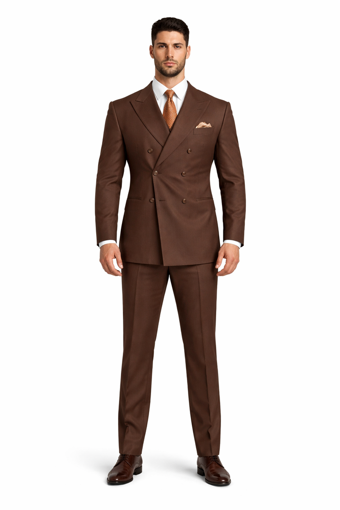Mens Classic Double Breasted Poplin Brown Suit