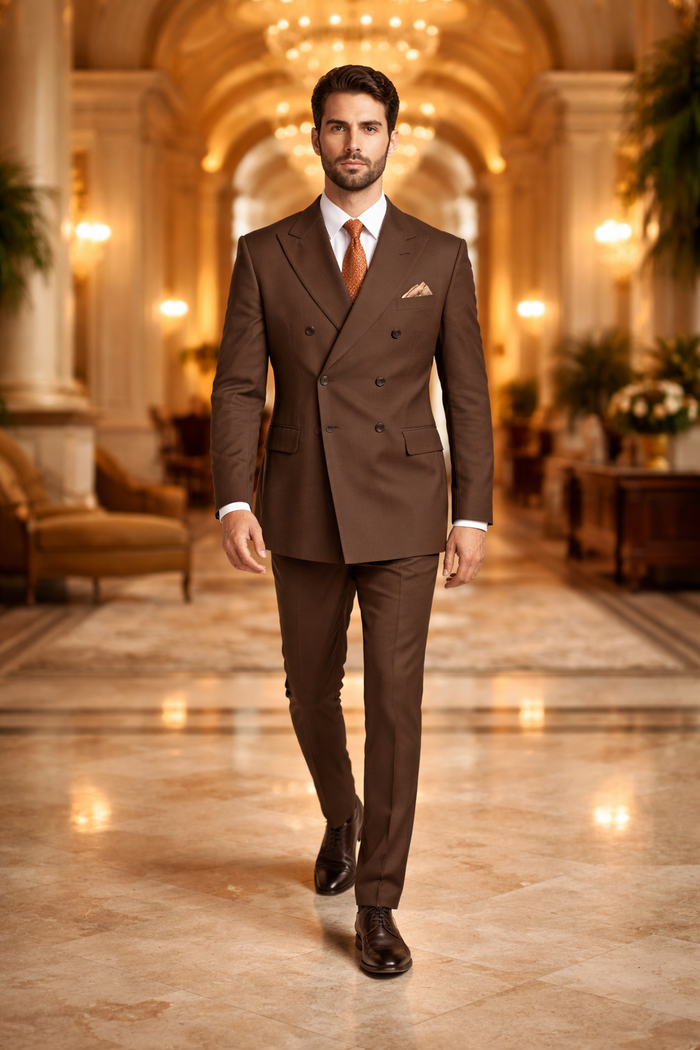 Mens Classic Double Breasted Poplin Brown Suit