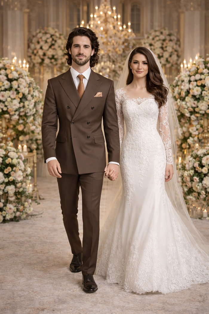 Mens Classic Double Breasted Poplin Brown Suit