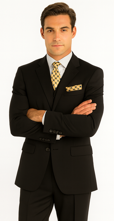 Mens Classic Fit 3 Button Vested Single Pleated Pant Suit in Black