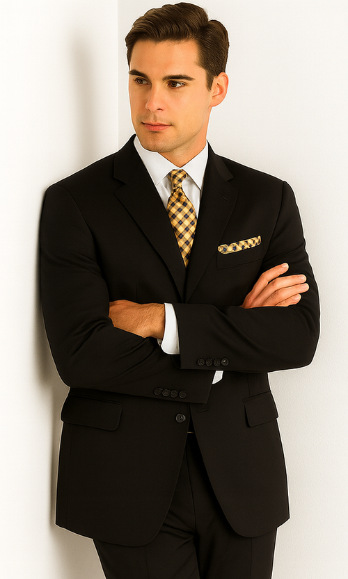 Mens Classic Fit 3 Button Vested Single Pleated Pant Suit in Black