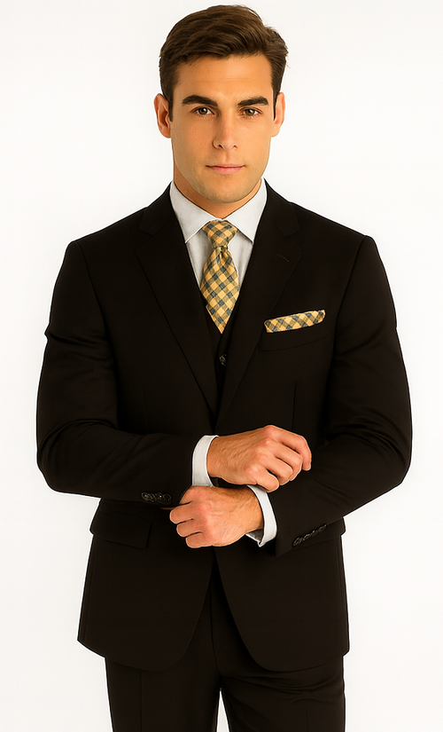 Mens Classic Fit 3 Button Vested Single Pleated Pant Suit in Black