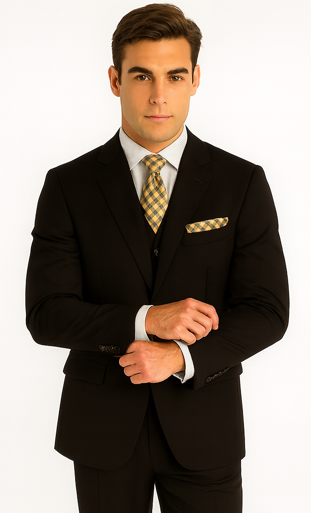 Mens Classic Fit 3 Button Vested Single Pleated Pant Suit in Black
