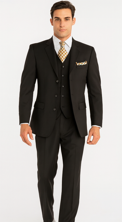 Mens Classic Fit 3 Button Vested Single Pleated Pant Suit in Black