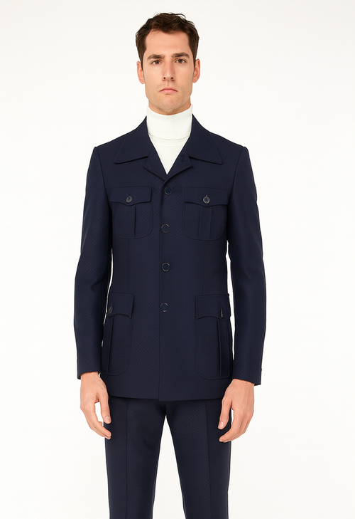 Mens Classic Navy Safari Suit with Utility Jacket and Coordinated Trousers