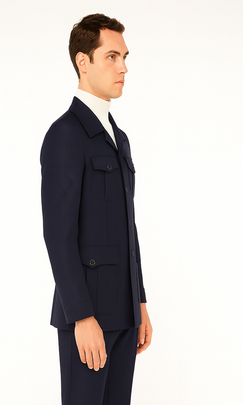 Mens Classic Navy Safari Suit with Utility Jacket and Coordinated Trousers