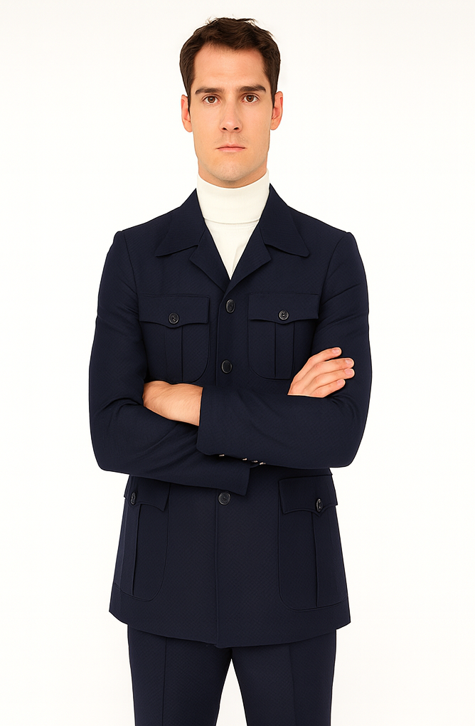 Mens Classic Navy Safari Suit with Utility Jacket and Coordinated Trousers – SuitUSA