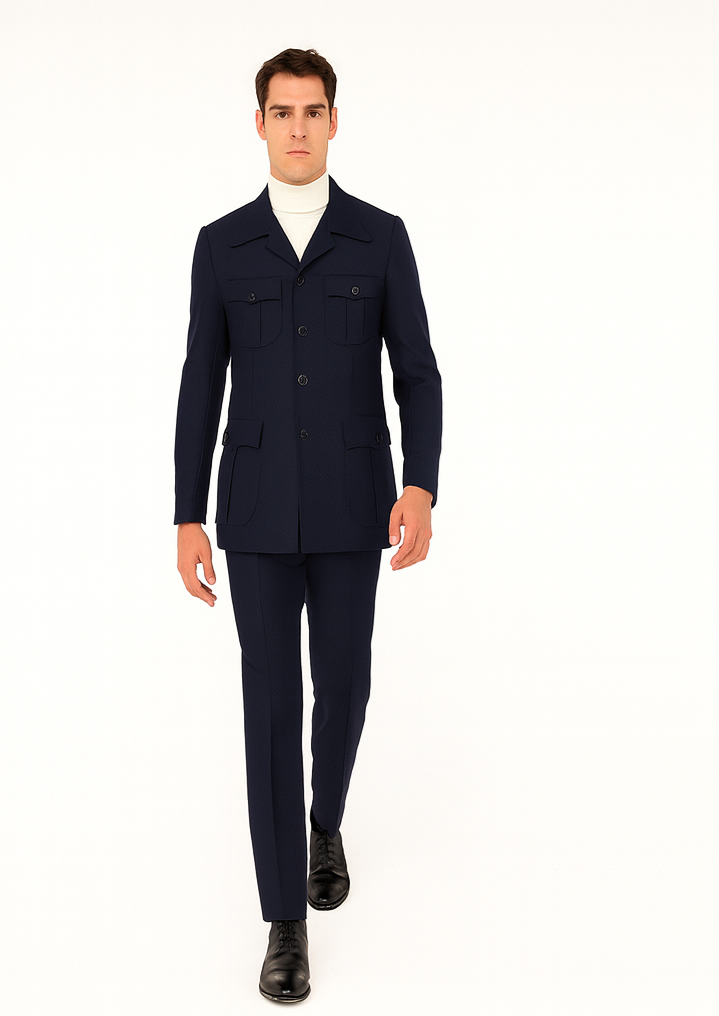 Mens Classic Navy Safari Suit with Utility Jacket and Coordinated Trousers