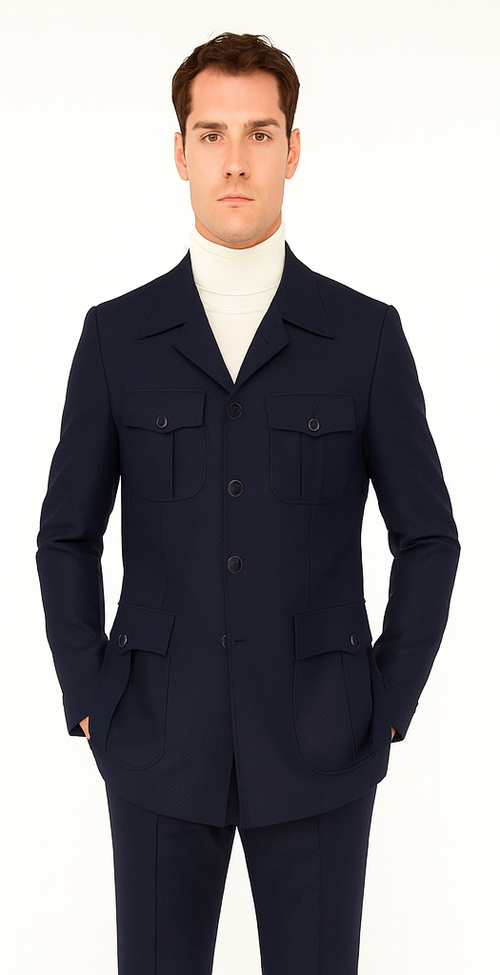 Mens Classic Navy Safari Suit with Utility Jacket and Coordinated Trousers