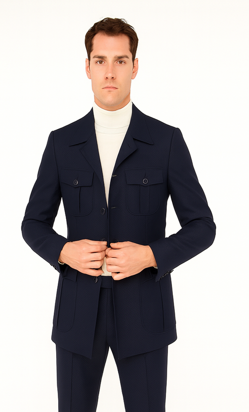 Mens Classic Navy Safari Suit with Utility Jacket and Coordinated Trousers