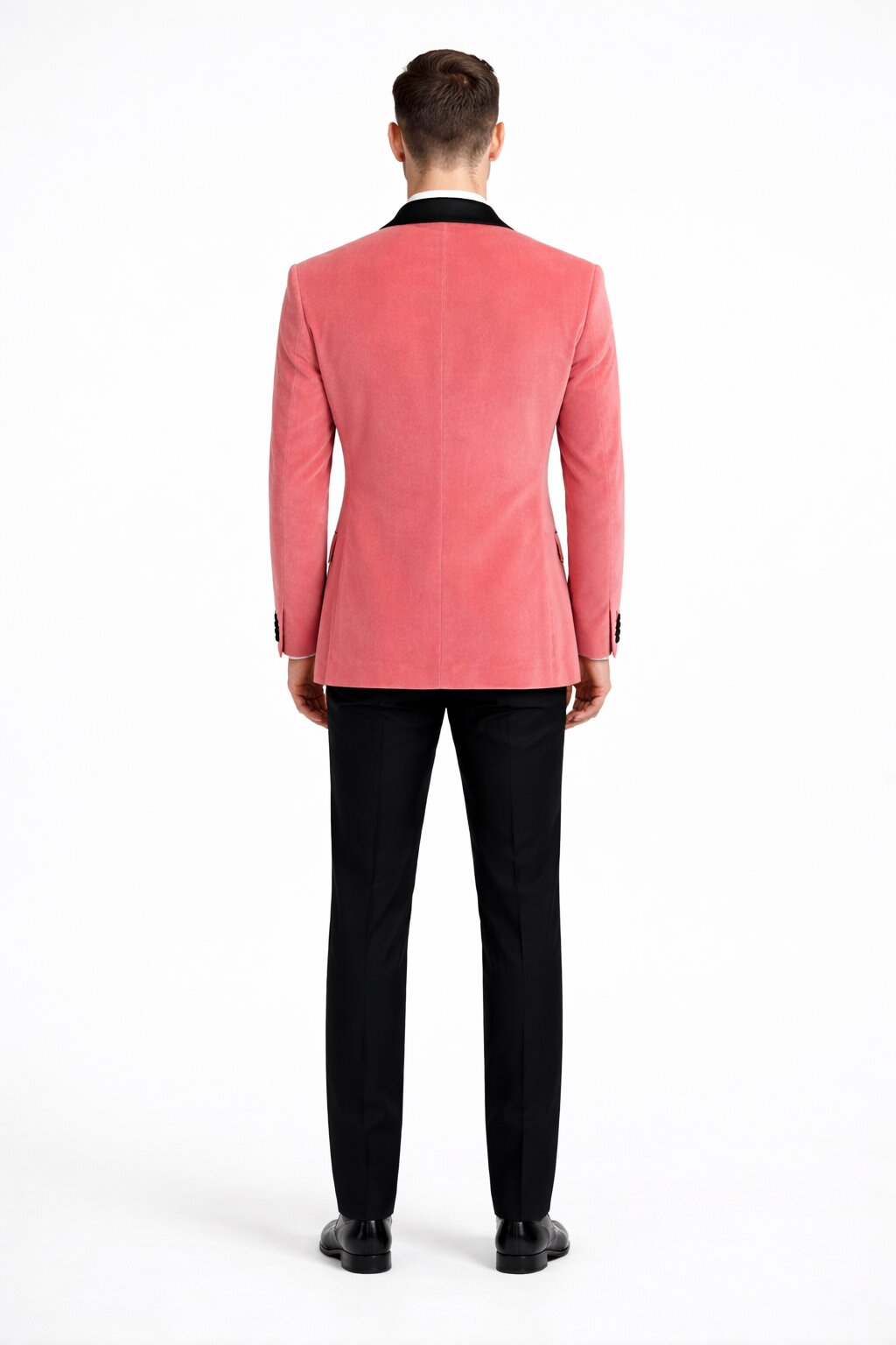 Men's Coral Pink Tuxedo Jacket with Black Satin Shawl Lapel Velvet Fabric