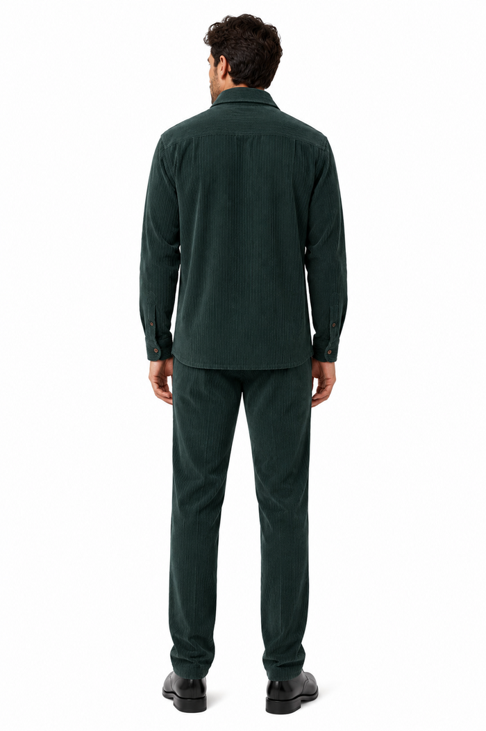 Mens Corduroy Shirt and Pants Walking Suit in Winter Cotton Fabric Casual in Color Green leisure Style