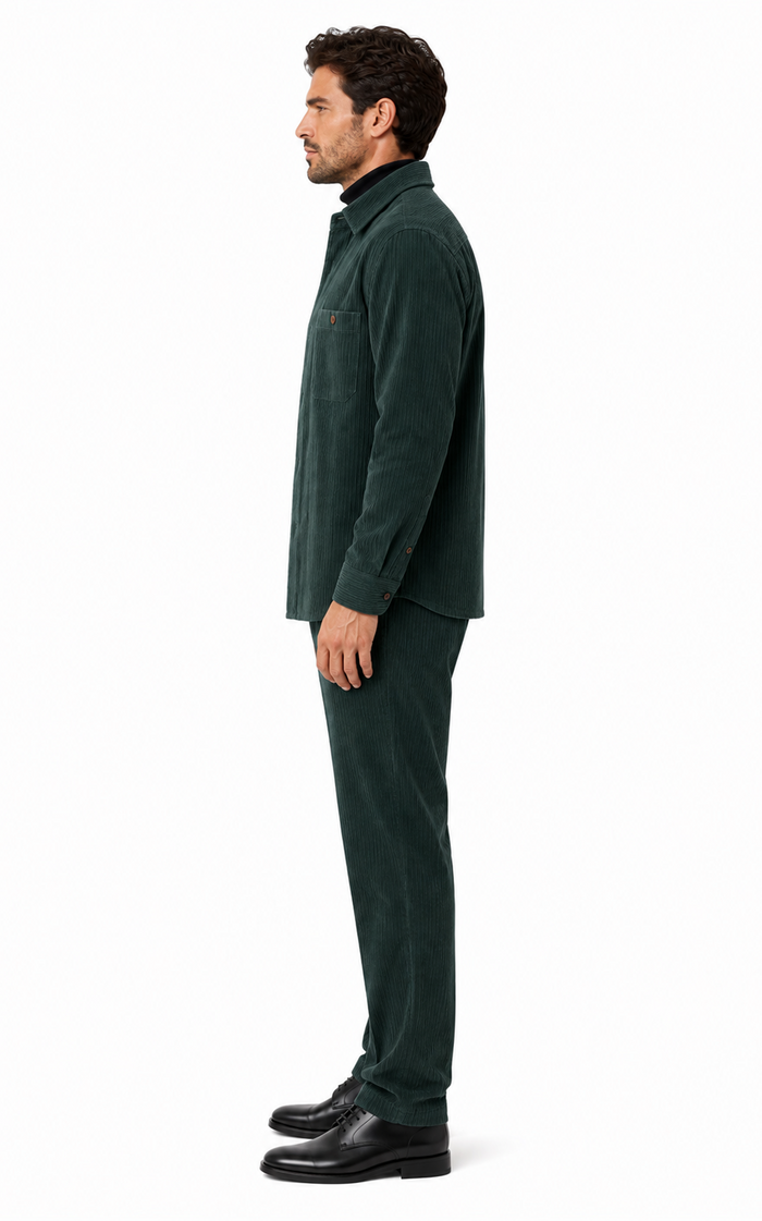 Mens Corduroy Shirt and Pants Walking Suit in Winter Cotton Fabric Casual in Color Green leisure Style