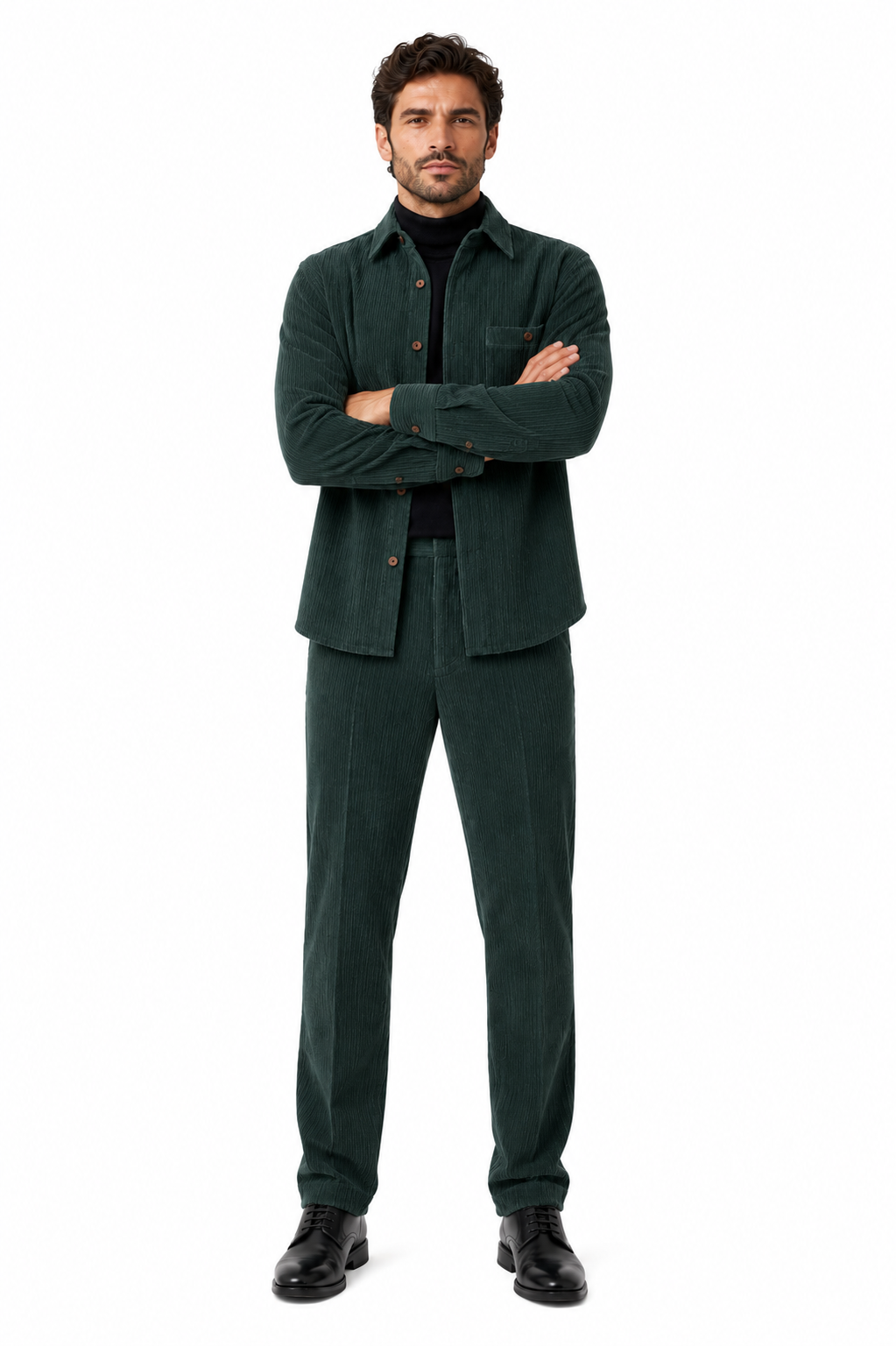 Mens Corduroy Shirt and Pants Walking Suit in Winter Cotton Fabric Casual in Color Green leisure Style