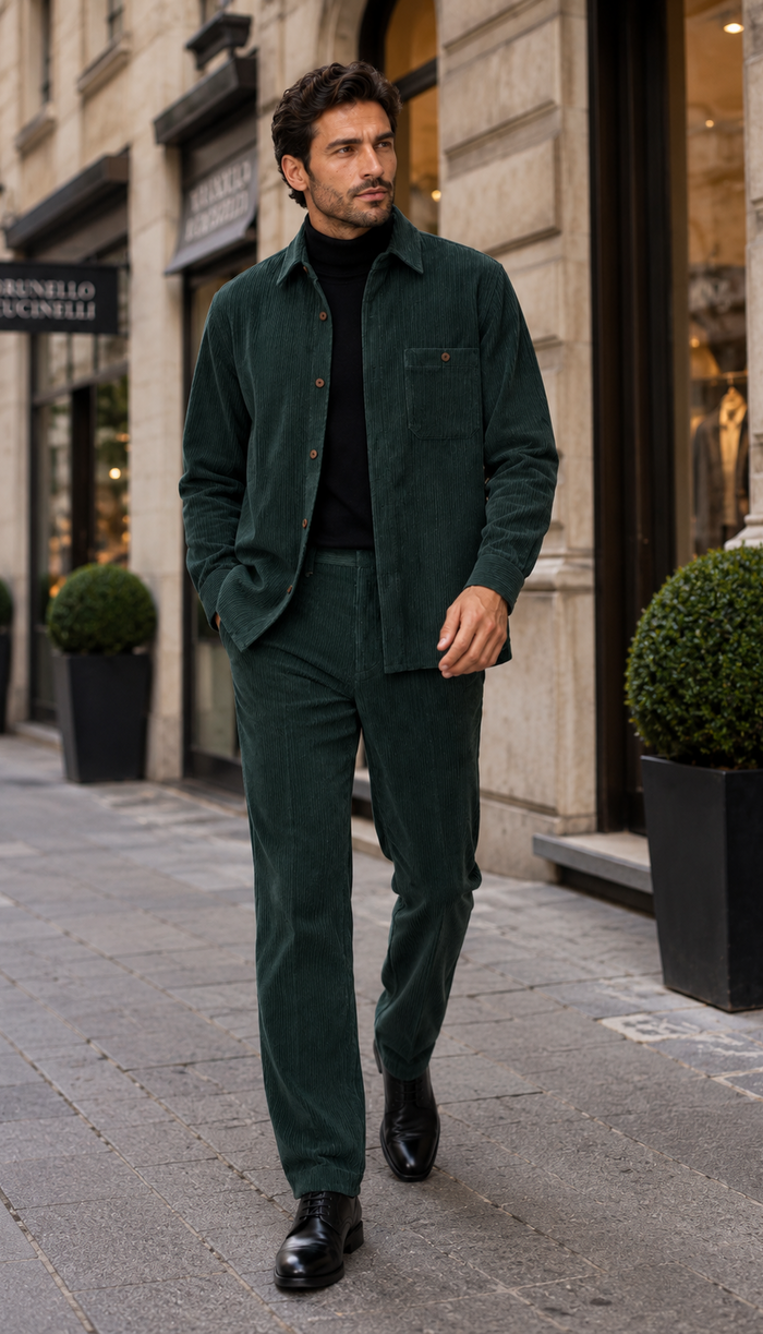 Mens Corduroy Shirt and Pants Walking Suit in Winter Cotton Fabric Casual in Color Green leisure Style