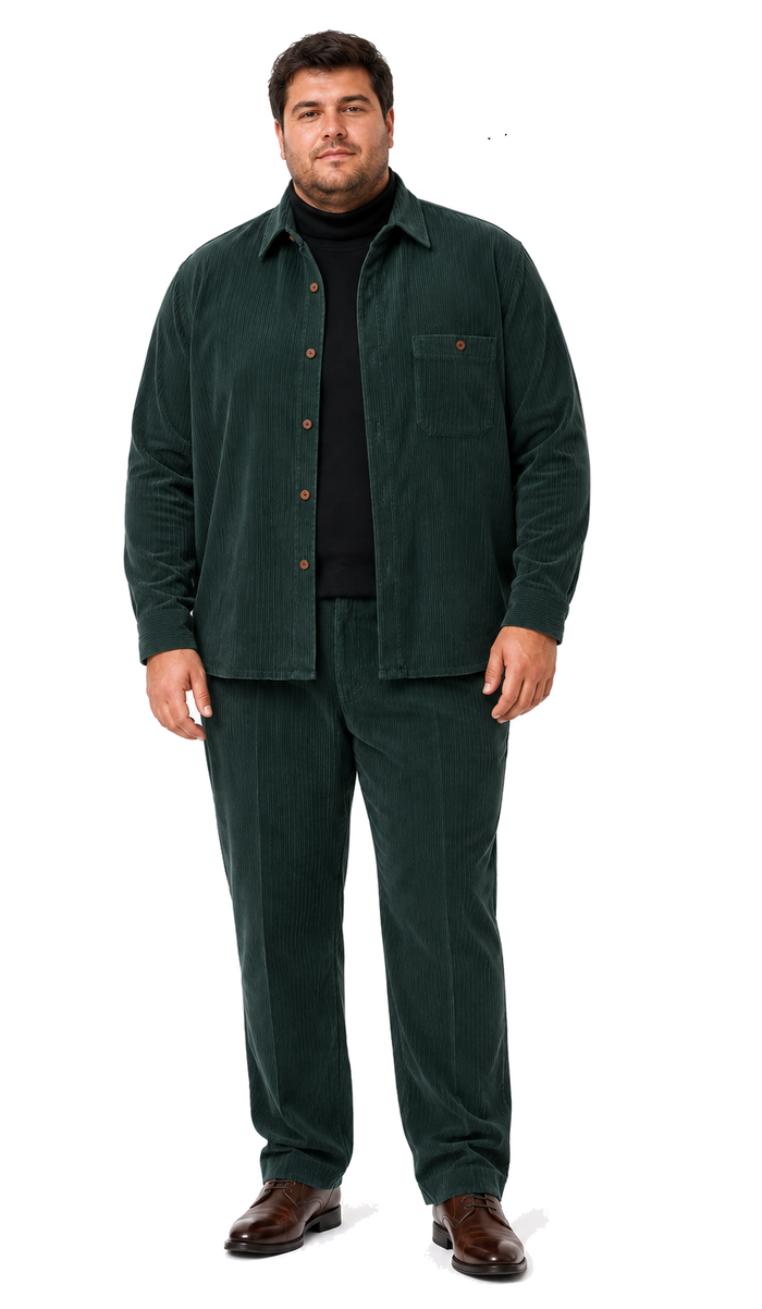 Mens Corduroy Shirt and Pants Walking Suit in Winter Cotton Fabric Casual in Color Green leisure Style