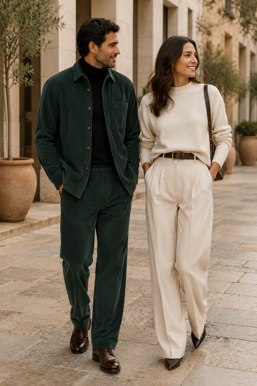 Mens Corduroy Shirt and Pants Walking Suit in Winter Cotton Fabric Casual in Color Green leisure Style