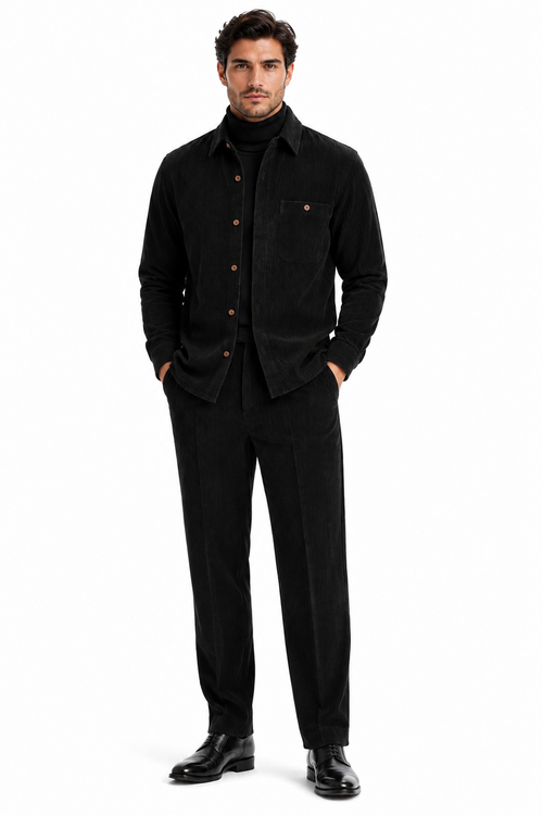Men's Corduroy Shirt and Pants Walking Suit in Winter Cotton Fabric Casual in Color Black leisure Style