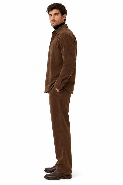 Men's Corduroy Shirt and Pants Walking Suit in Winter Cotton Fabric Casual in Color Brown leisure Style