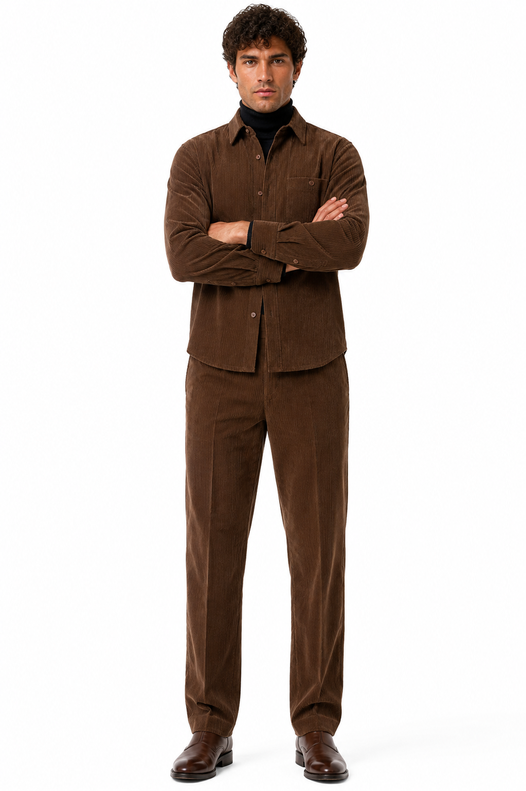Men's Corduroy Shirt and Pants Walking Suit in Winter Cotton Fabric Casual in Color Brown leisure Style