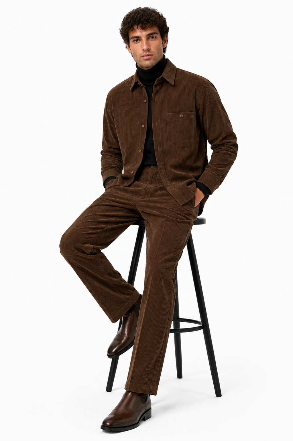 Men's Corduroy Shirt and Pants Walking Suit in Winter Cotton Fabric Casual in Color Brown leisure Style