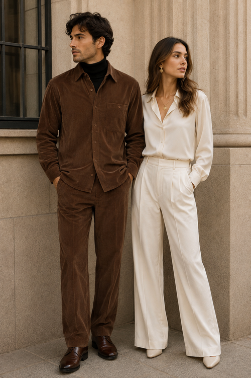 Men's Corduroy Shirt and Pants Walking Suit in Winter Cotton Fabric Casual in Color Brown leisure Style