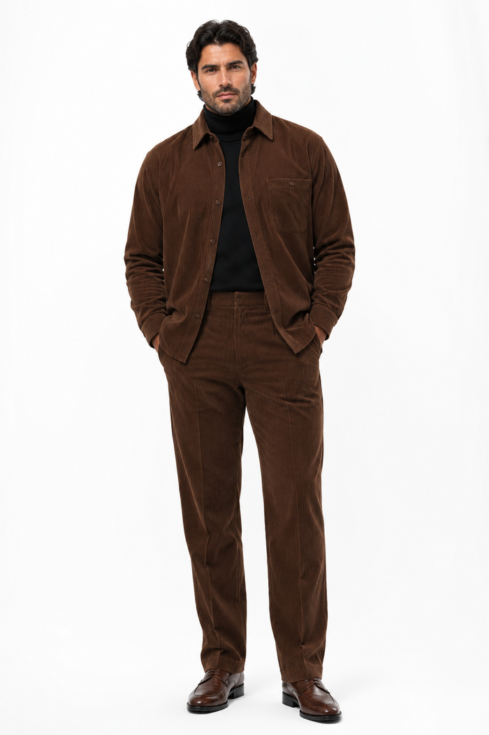 Men's Corduroy Shirt and Pants Walking Suit in Winter Cotton Fabric Casual in Color Brown leisure Style