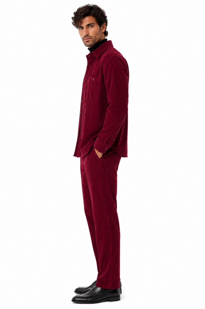 Mens Corduroy Shirt and Pants Walking Suit in Winter Cotton Fabric Casual in Color Burgundy leisure Style