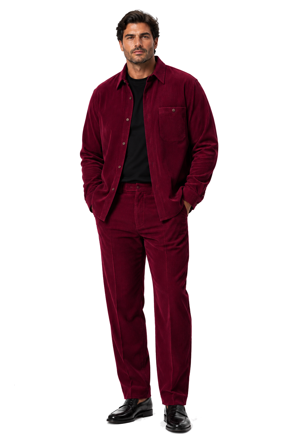 Mens Corduroy Shirt and Pants Walking Suit in Winter Cotton Fabric Casual in Color Burgundy leisure Style