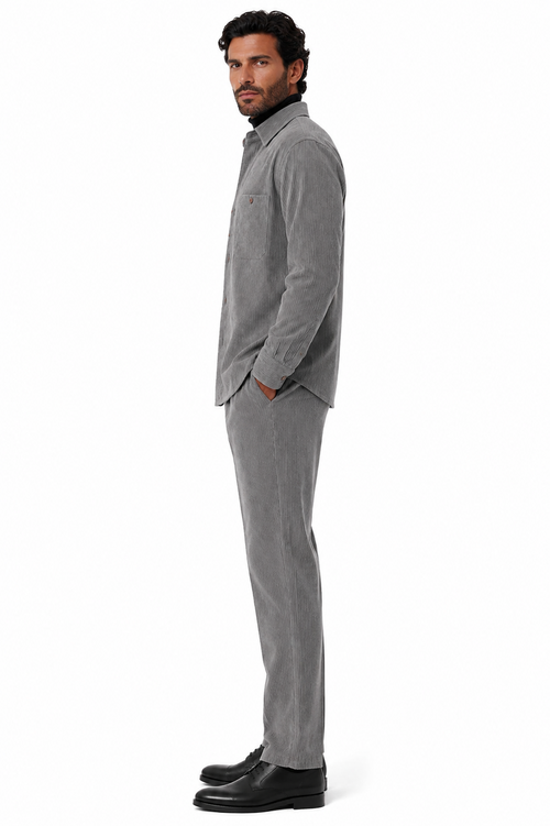 Mens Corduroy Shirt and Pants Walking Suit in Winter Cotton Fabric Casual in Color Grey leisure Style