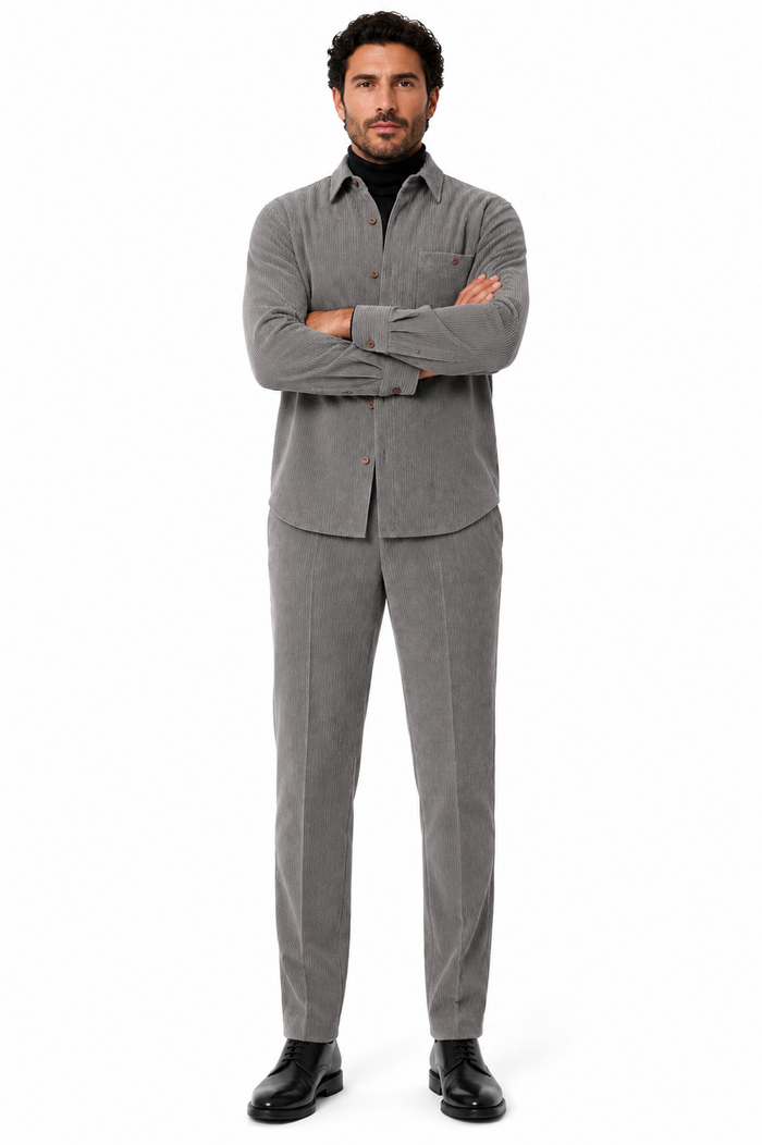 Mens Corduroy Shirt and Pants Walking Suit in Winter Cotton Fabric Casual in Color Grey leisure Style