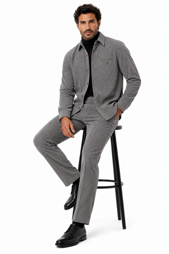 Mens Corduroy Shirt and Pants Walking Suit in Winter Cotton Fabric Casual in Color Grey leisure Style