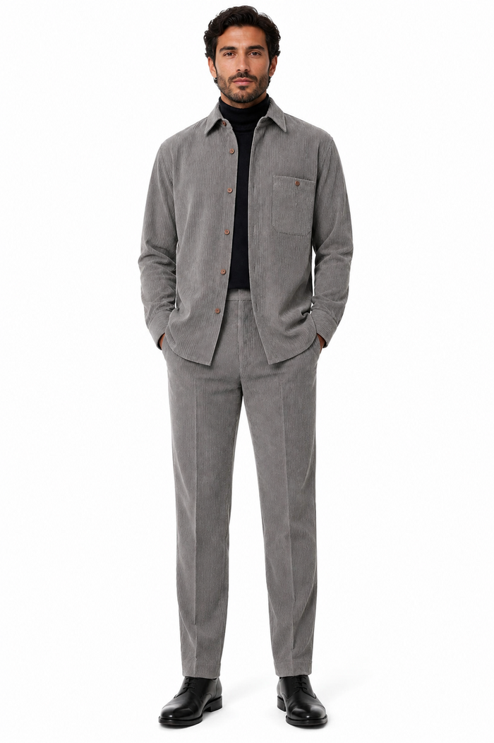 Mens Corduroy Shirt and Pants Walking Suit in Winter Cotton Fabric Casual in Color Grey leisure Style