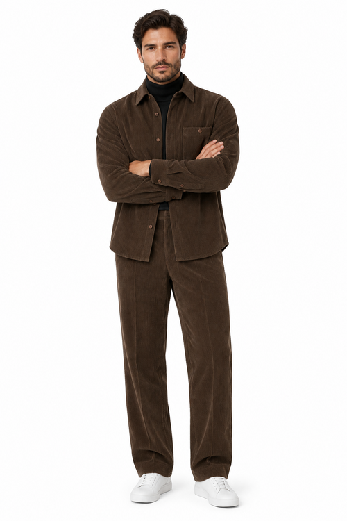 Mens Corduroy Shirt and Pants Walking Suit in Winter Cotton Fabric Casual in Color Mocha Choclate brown leisure Style