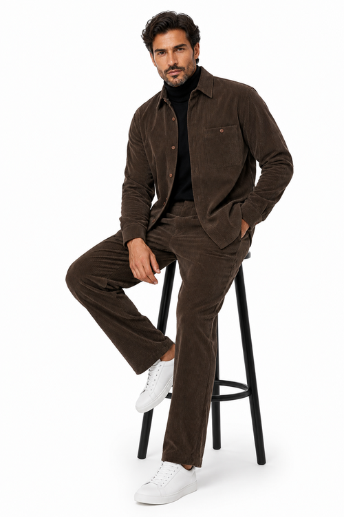 Mens Corduroy Shirt and Pants Walking Suit in Winter Cotton Fabric Casual in Color Mocha Choclate brown leisure Style