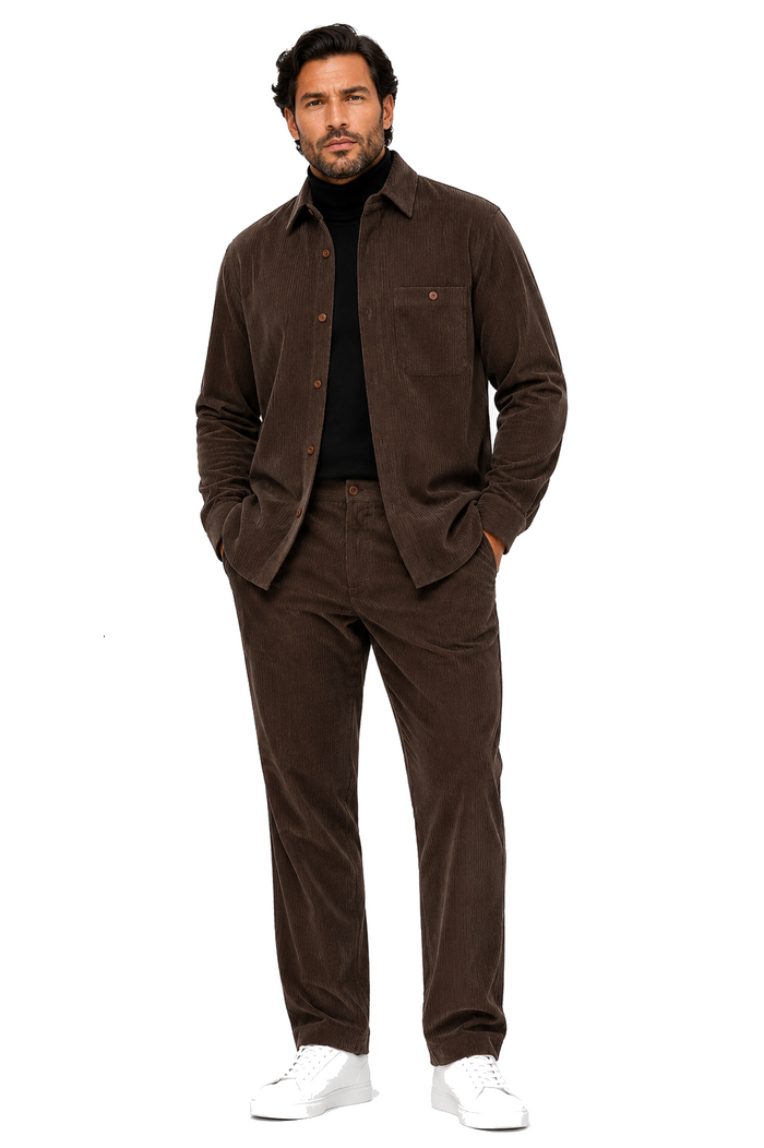 Mens Corduroy Shirt and Pants Walking Suit in Winter Cotton Fabric Casual in Color Mocha Choclate brown leisure Style