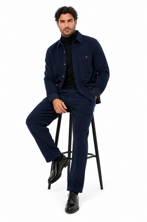 Mens Corduroy Shirt and Pants Walking Suit in Winter Cotton Fabric Casual in Color Navy leisure Style