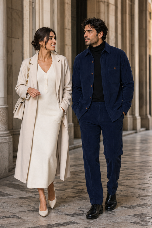 Mens Corduroy Shirt and Pants Walking Suit in Winter Cotton Fabric Casual in Color Navy leisure Style