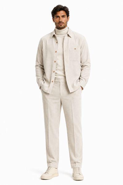 Mens Corduroy Shirt and Pants Walking Suit in Winter Cotton Fabric Casual in Color Off White Ivory Cream leisure Style