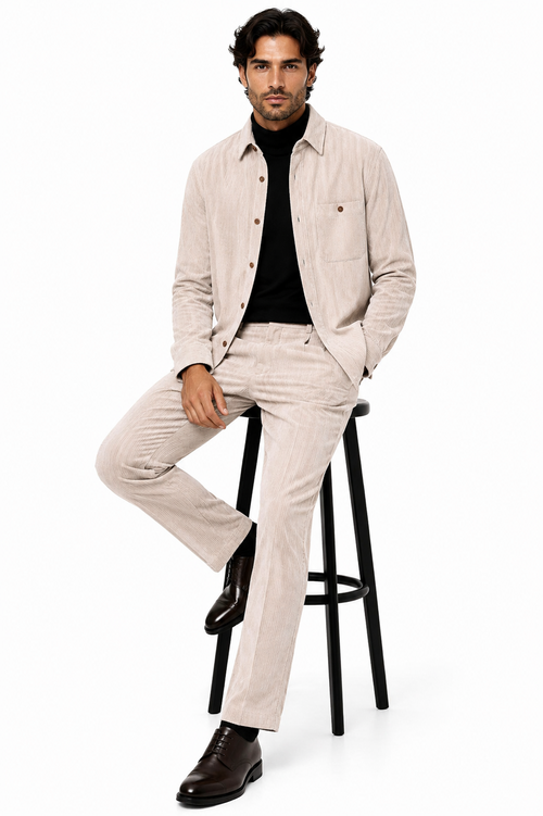Men's Corduroy Shirt and Pants Walking Suit in Winter Cotton Fabric Casual in Color Shell Tan Sand Natural leisure Style