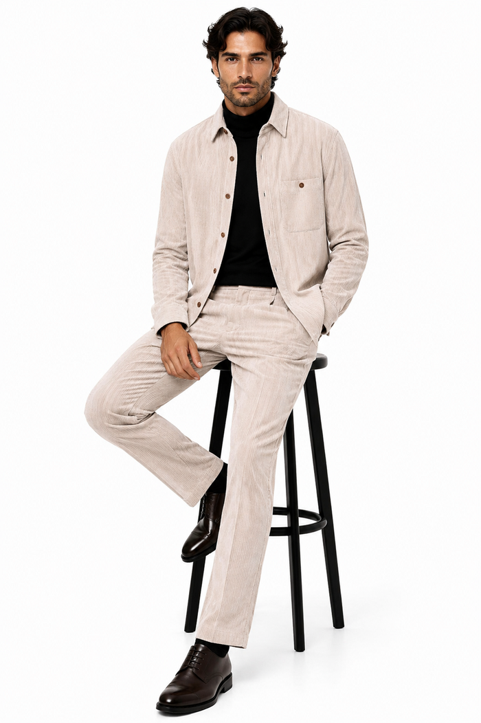 Men's Corduroy Shirt and Pants Walking Suit in Winter Cotton Fabric Casual in Color Shell Tan Sand Natural leisure Style