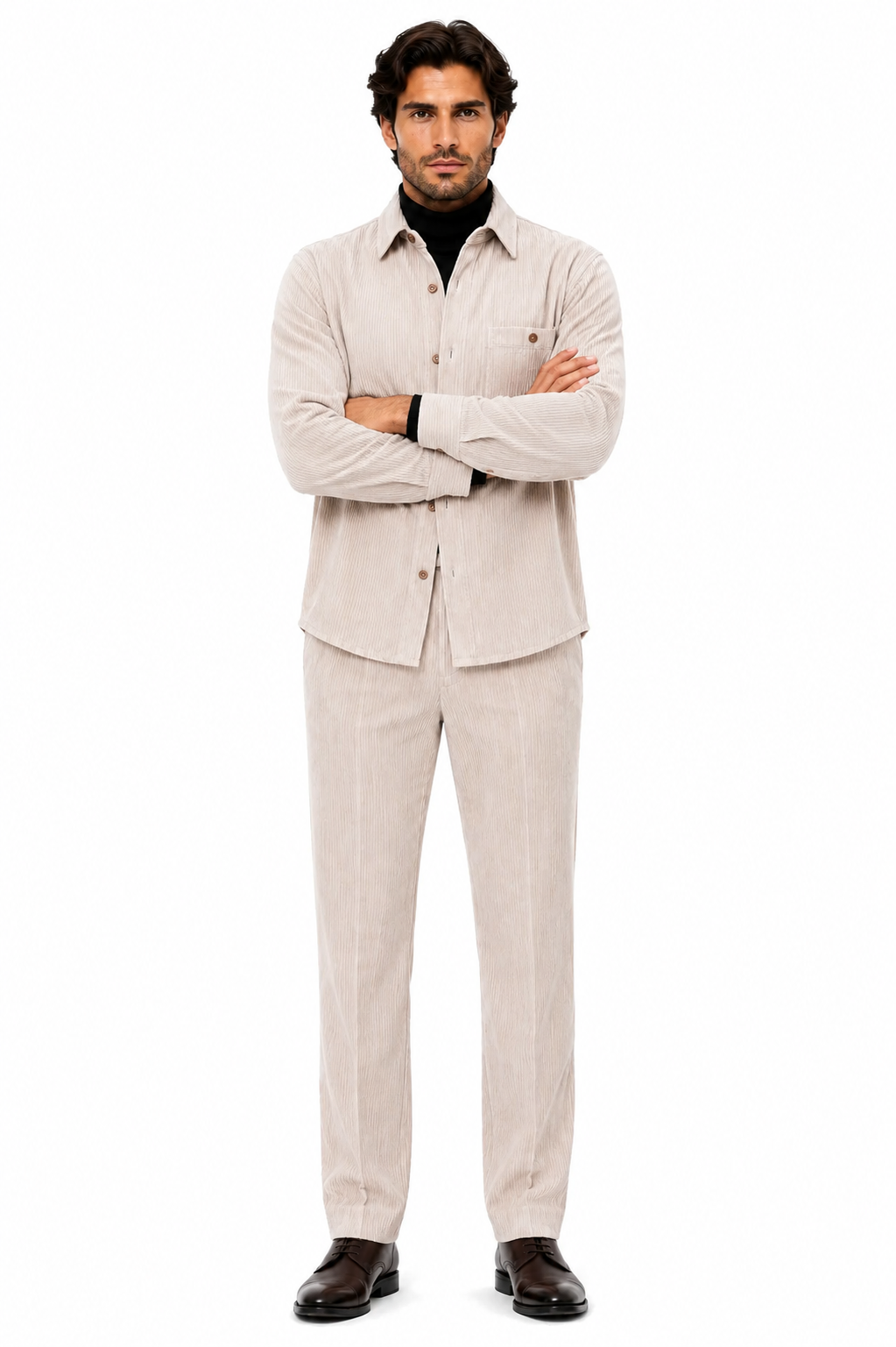 Men's Corduroy Shirt and Pants Walking Suit in Winter Cotton Fabric Casual in Color Shell Tan Sand Natural leisure Style