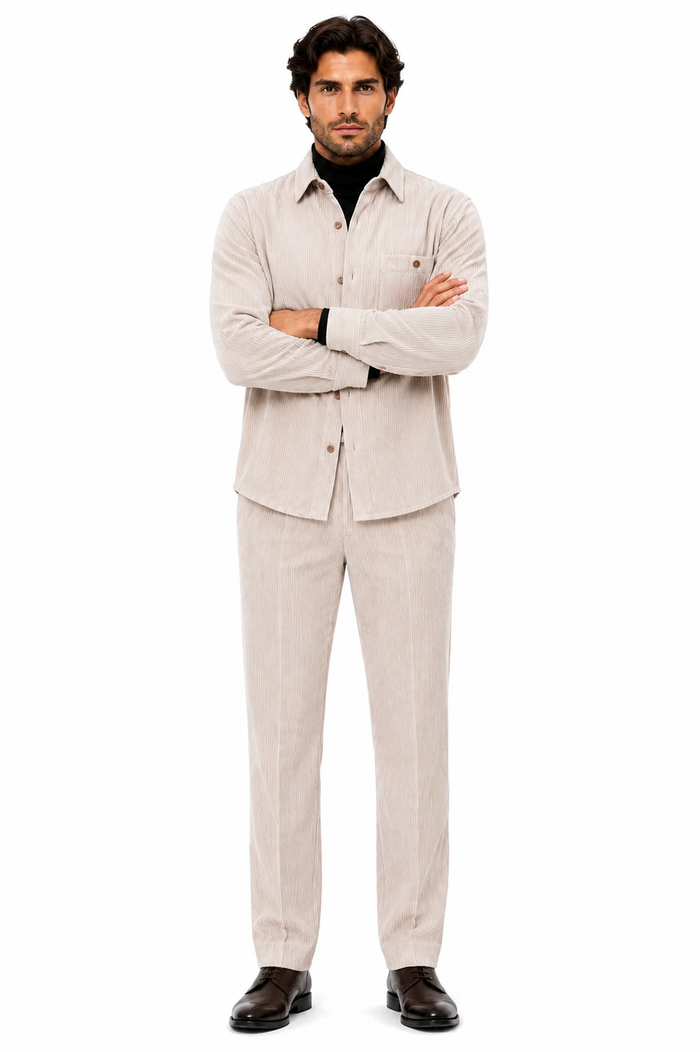 Men's Corduroy Shirt and Pants Walking Suit in Winter Cotton Fabric Casual in Color Shell Tan Sand Natural leisure Style