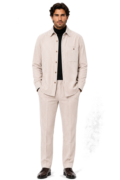 Men's Corduroy Shirt and Pants Walking Suit in Winter Cotton Fabric Casual in Color Shell Tan Sand Natural leisure Style