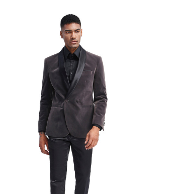 Mens Charcoal Gray Velvet Tuxedo Suit – Luxury Formal Wedding Suit with Black Shawl Lapel for Prom, Party Black Pants