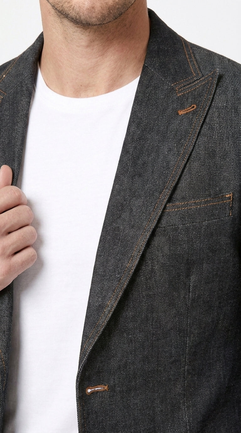 Mens Denim Cotton Blazer with Black – Smart Casual Jacket Outfit
