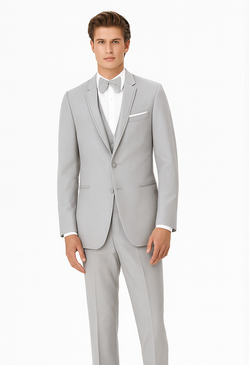 Gray Prom Suit - Mens Designer Marseille One Button Satin Trimmed Peak Tuxedo Light Grey