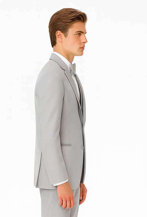 Gray Prom Suit - Mens Designer Marseille One Button Satin Trimmed Peak Tuxedo Light Grey