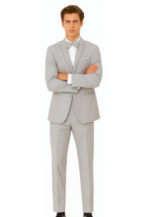 Gray Prom Suit - Mens Designer Marseille One Button Satin Trimmed Peak Tuxedo Light Grey
