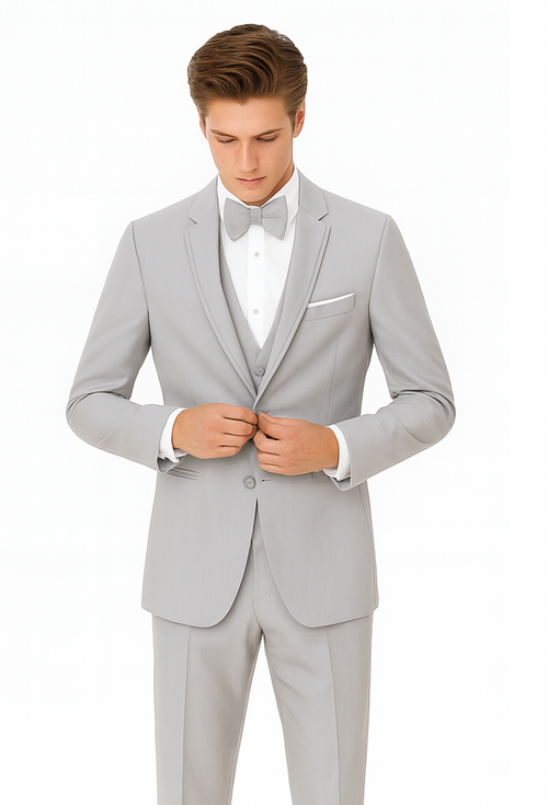 Gray Prom Suit - Mens Designer Marseille One Button Satin Trimmed Peak Tuxedo Light Grey